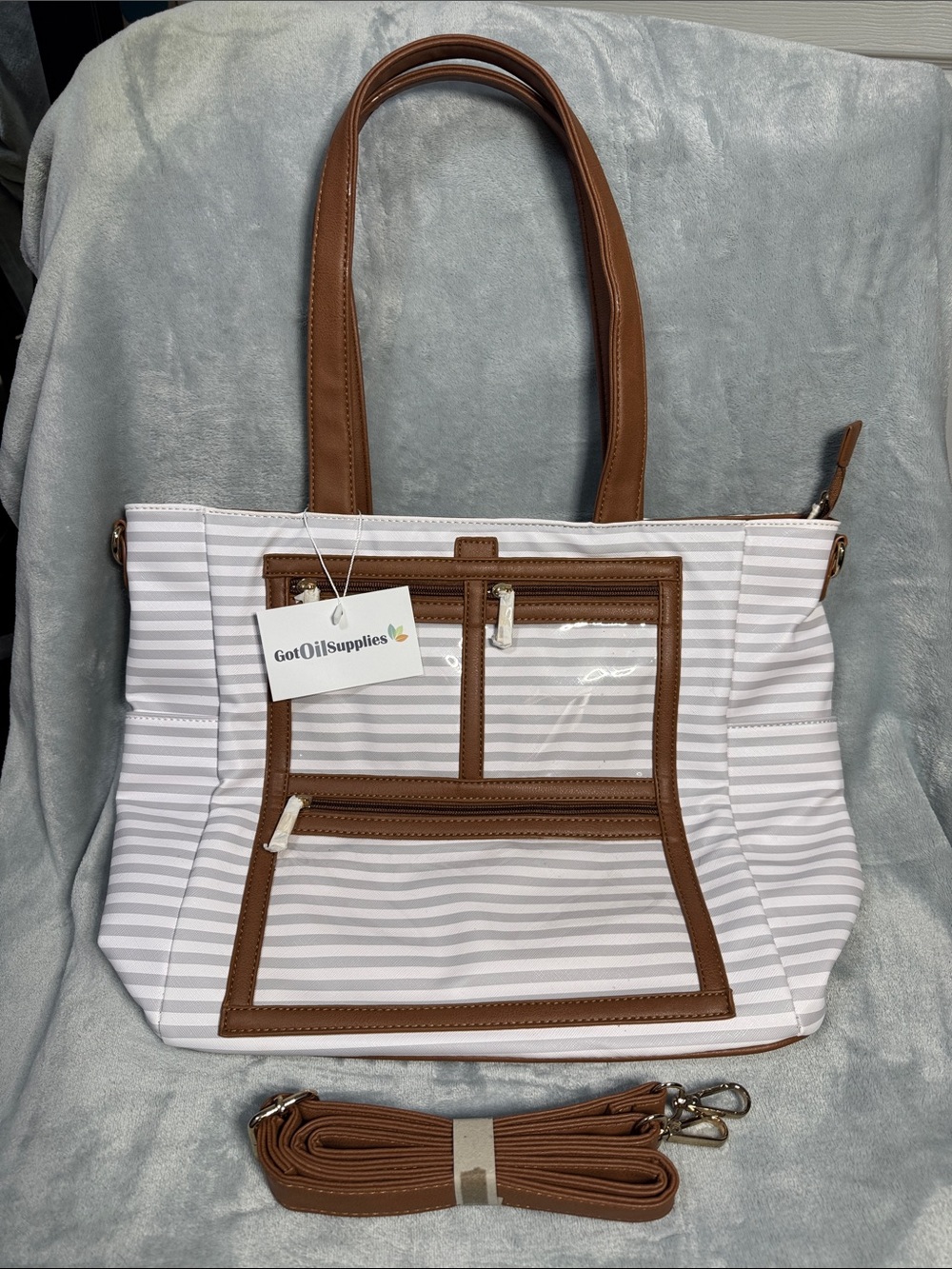 Striped White and Brown Tote Bag with Clear Front Pockets NWT